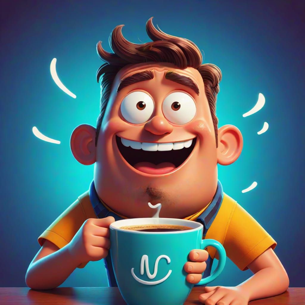 Cartoon Character Reacts to Coffee: Flat Design, Pixar Style
