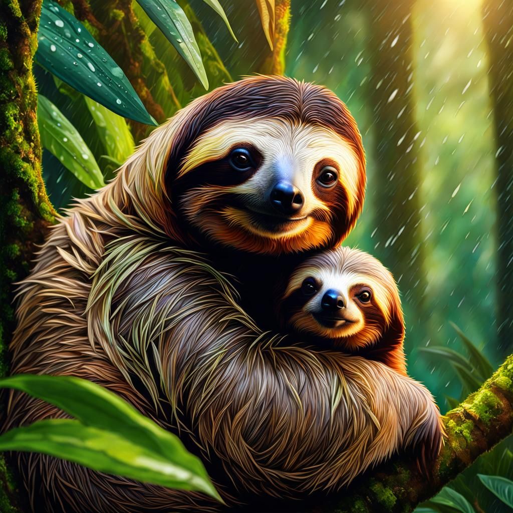 Adorable Sloth Family Portrait in Lush Rainforest