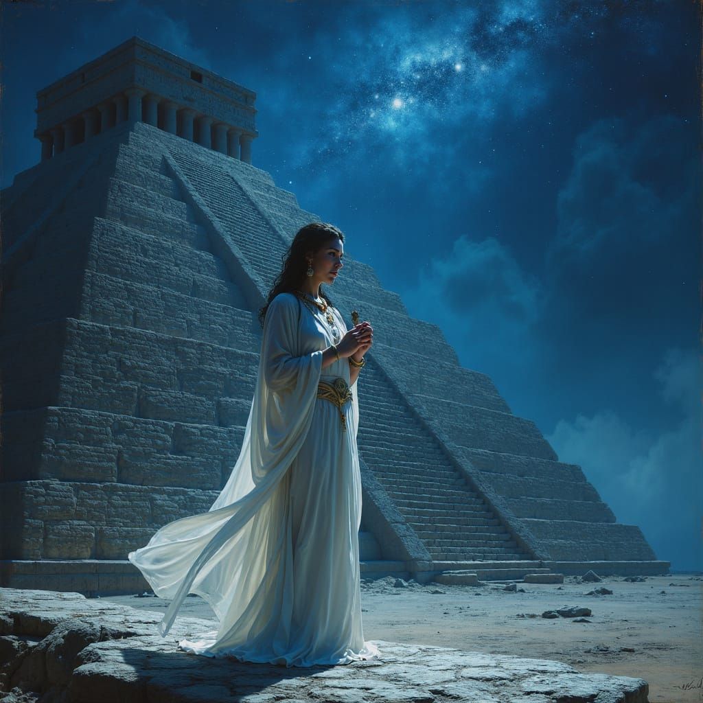 Sumerian Priestess Before Ziggurat in Starry Night