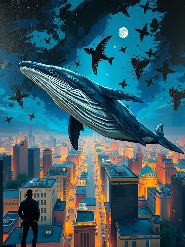 Whale Soaring in Night Sky: Oil Painting