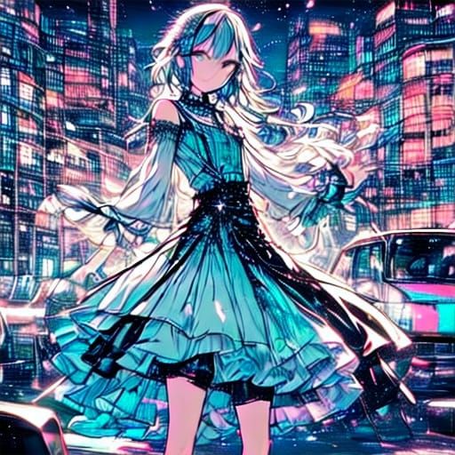 Anime Girl Dancing in Neon Disco with Glitter