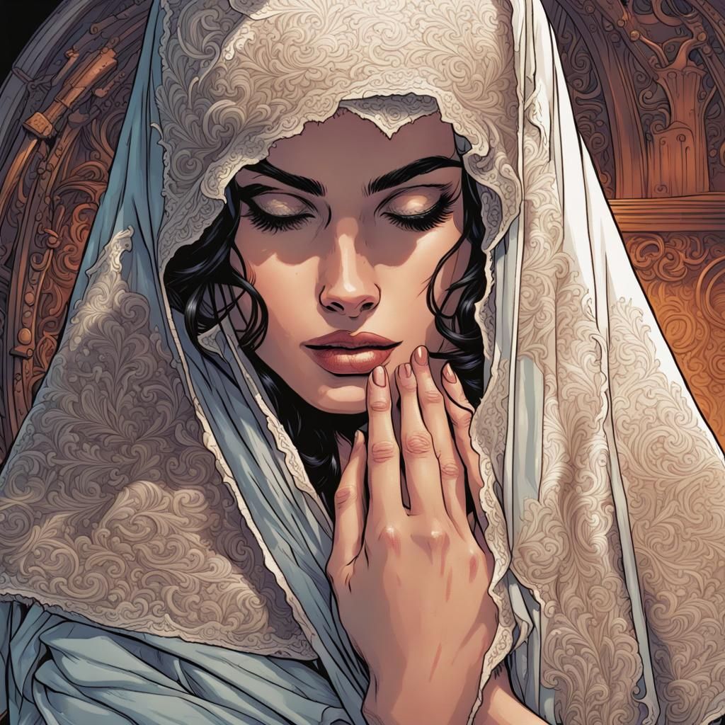 Embroidered Veil in Comic Book Art Style