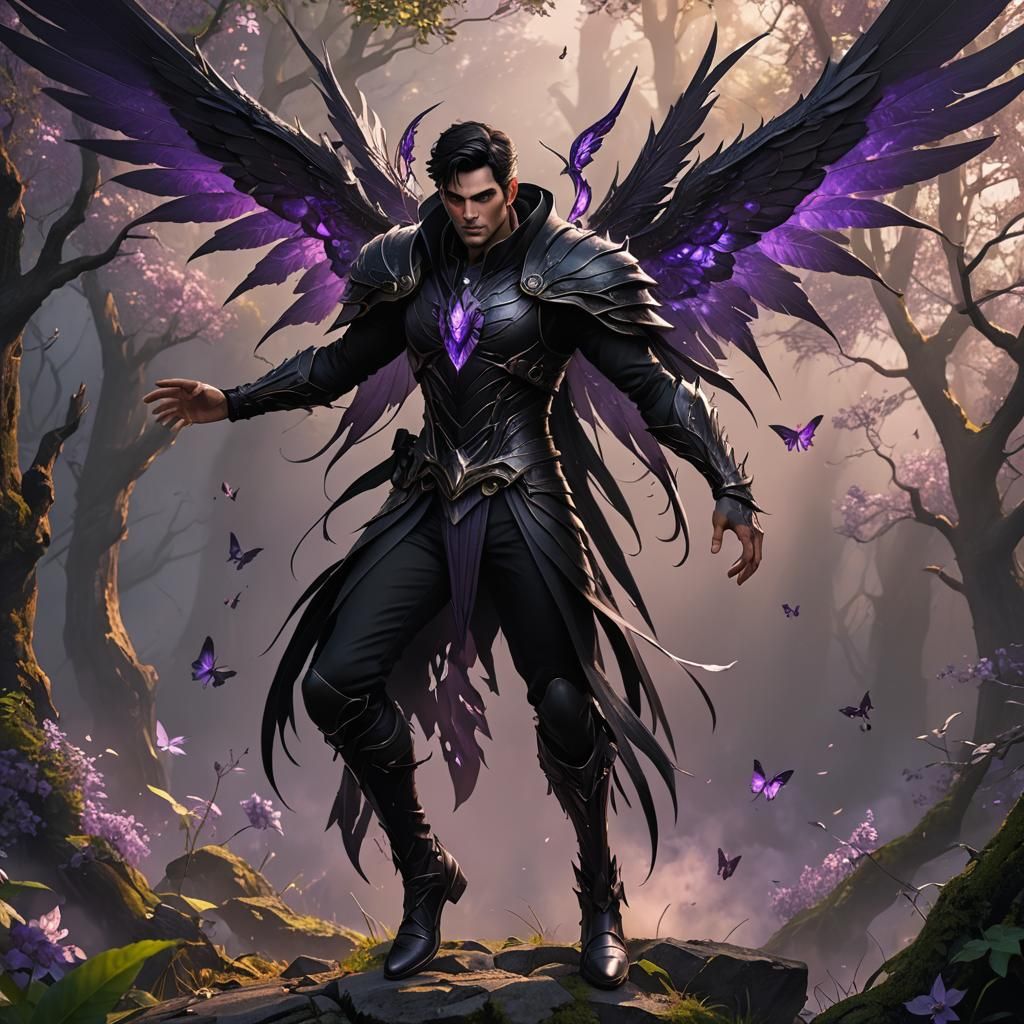 Fantasy Portrait of Winged Man with Purple Eyes