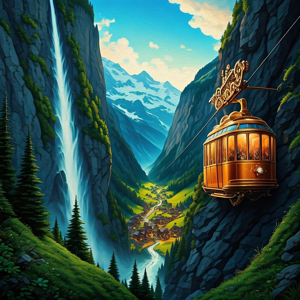 Steampunk Cable Car Over Alpine Gorge