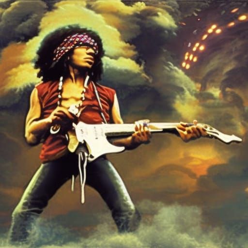 Jimi Hendrix, young black man on stage , playing guitar with...