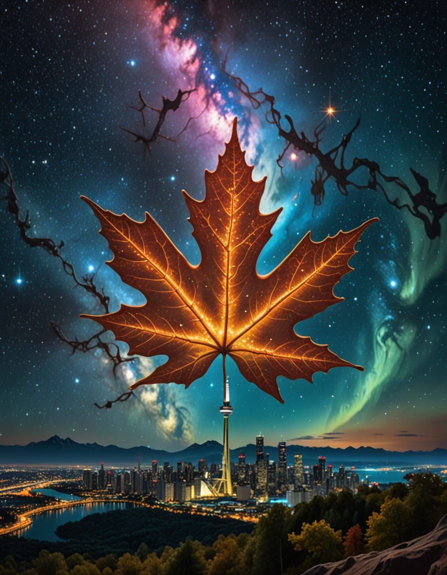 Surreal Cinematic Still of Maple Leaf in Low Earth Orbit