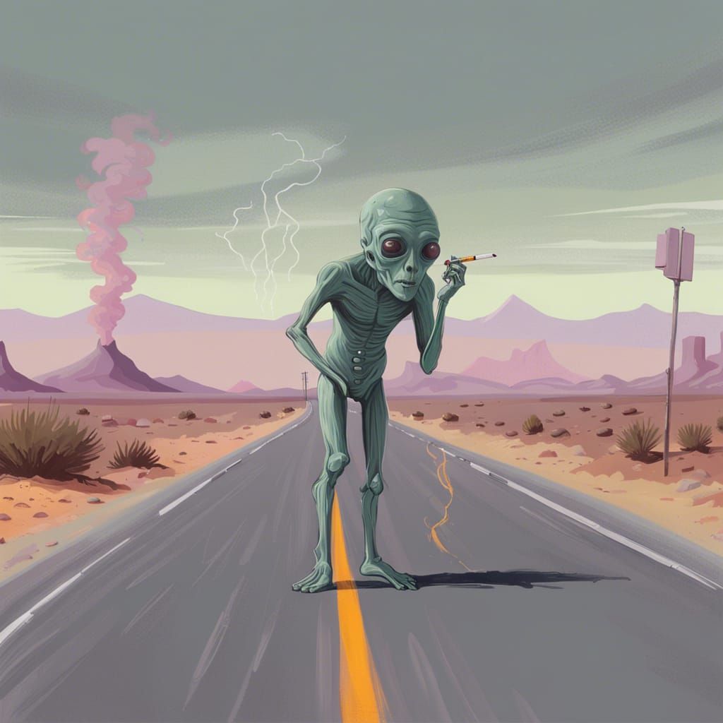 Alien Smoker on Desert Highway in Clair-Obscur Style