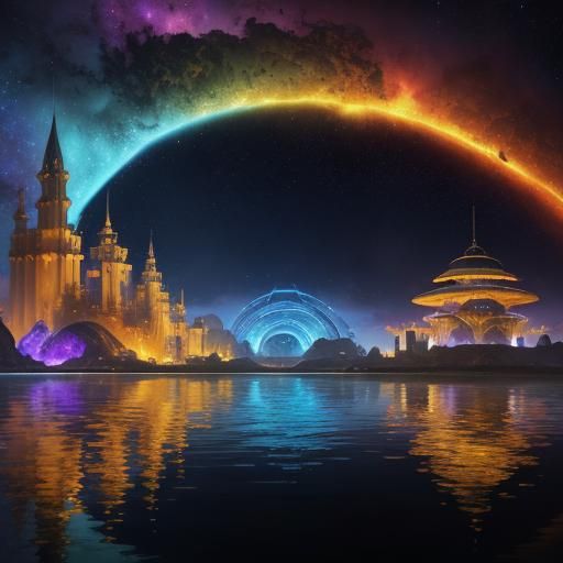 Cosmic Resort on Tropical Island, Surreal Sci-Fi Art