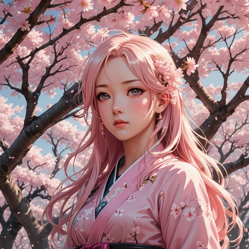 Pink-Haired Anime Girl under Cherry Blossom Tree