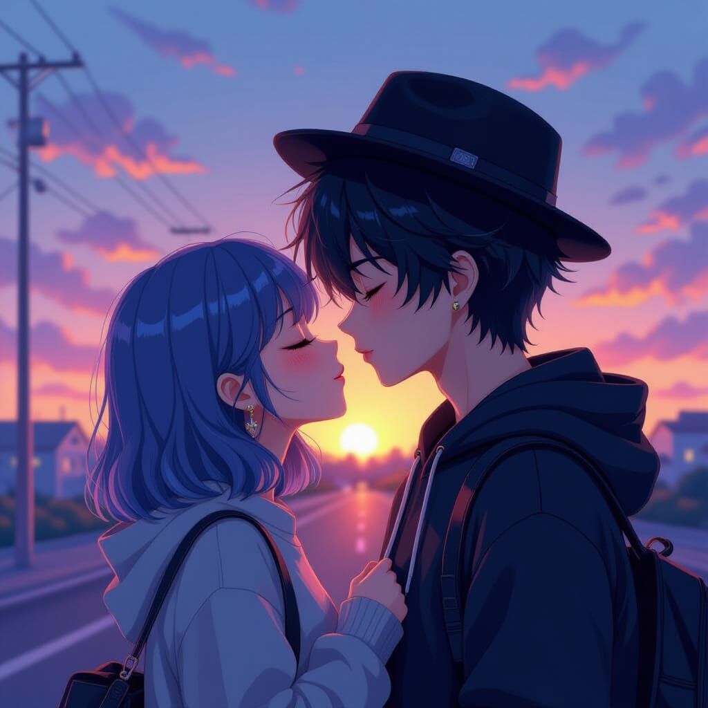 Anime Style Couple Kissing at Sunset