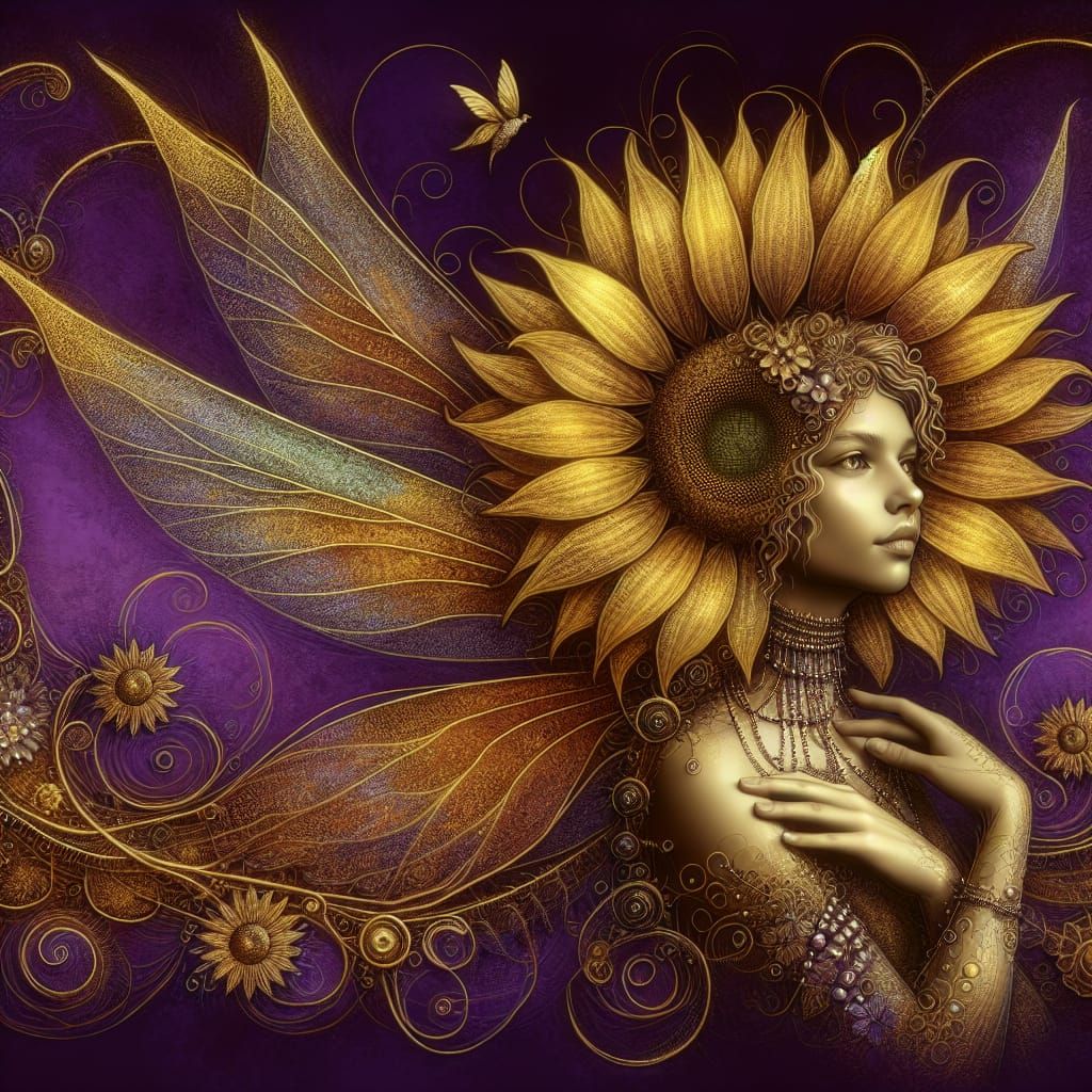 Opulent Sunflower Fairy Portrait in Digital Art Style