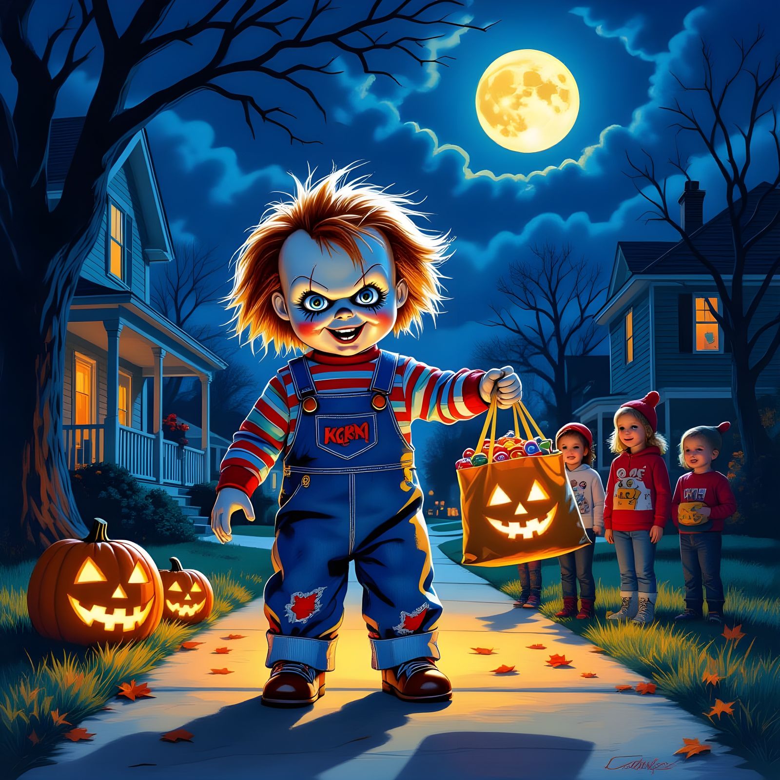 Chucky Gives Candy to Trick-or-Treaters on Halloween Night