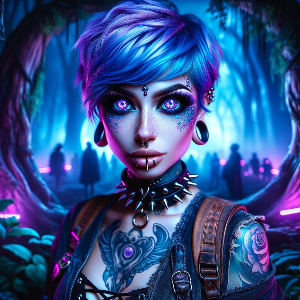Raver Goth Portrait in Neon Fantasy Forest