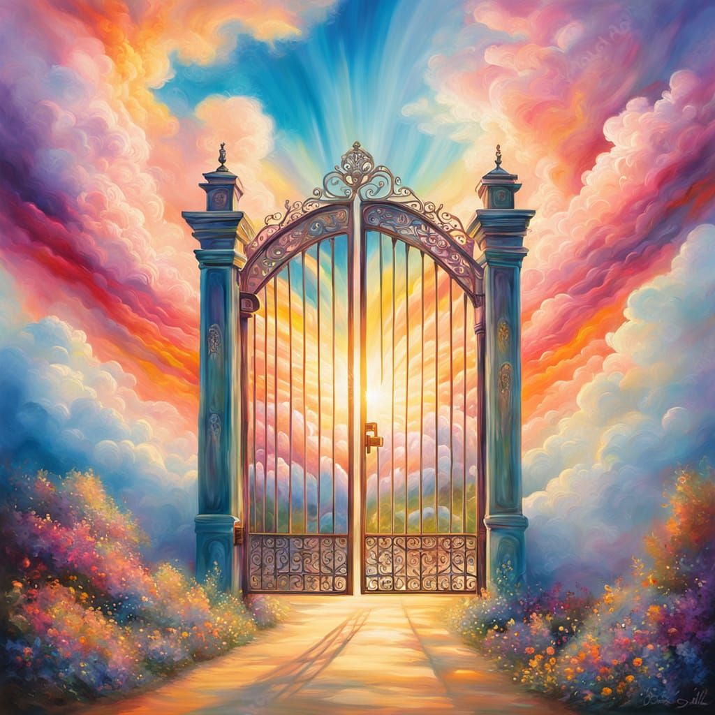 Surreal Gate Opens to Heaven in Vibrant Oil Painting
