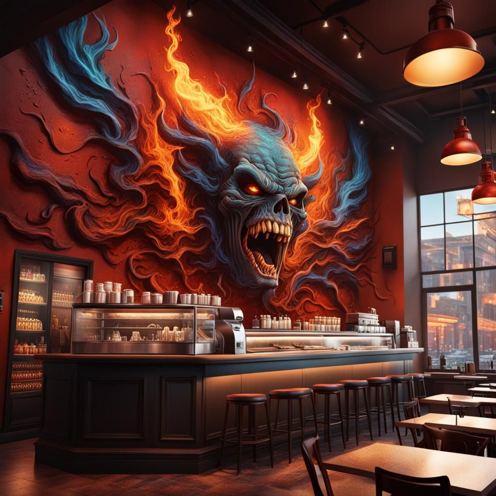 Hyperrealistic Hell's Coffee Shop Concept Art