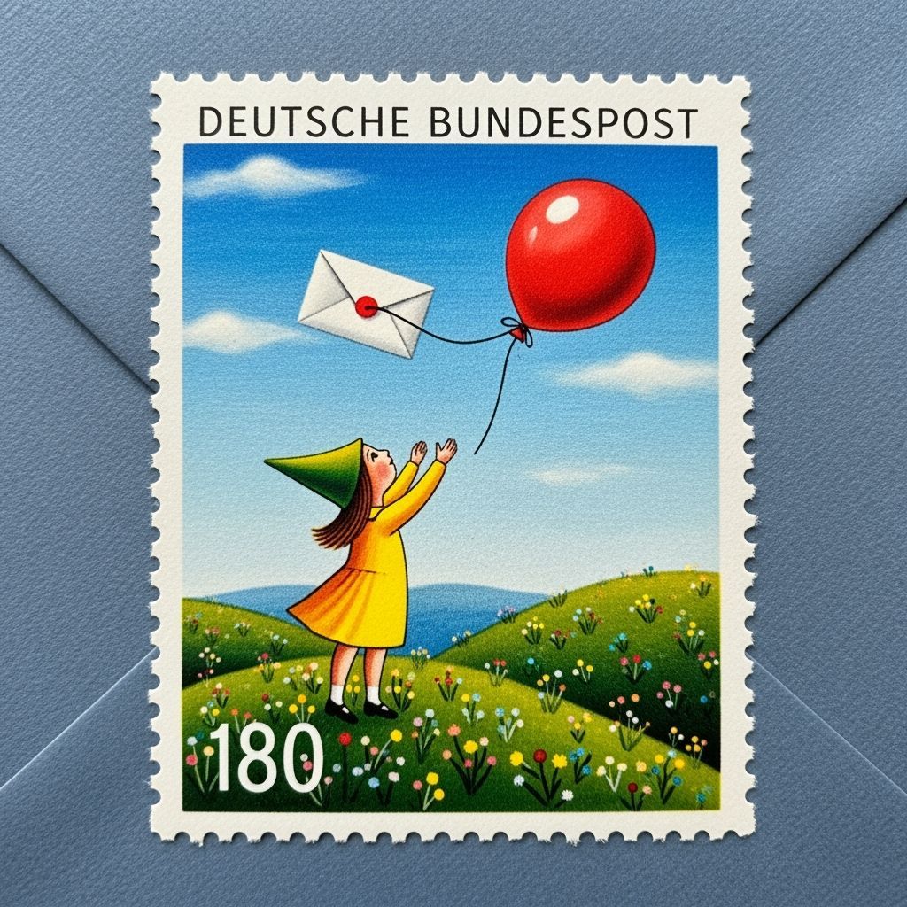 Vintage Stamp with Girl and Balloon in Naive Art Style