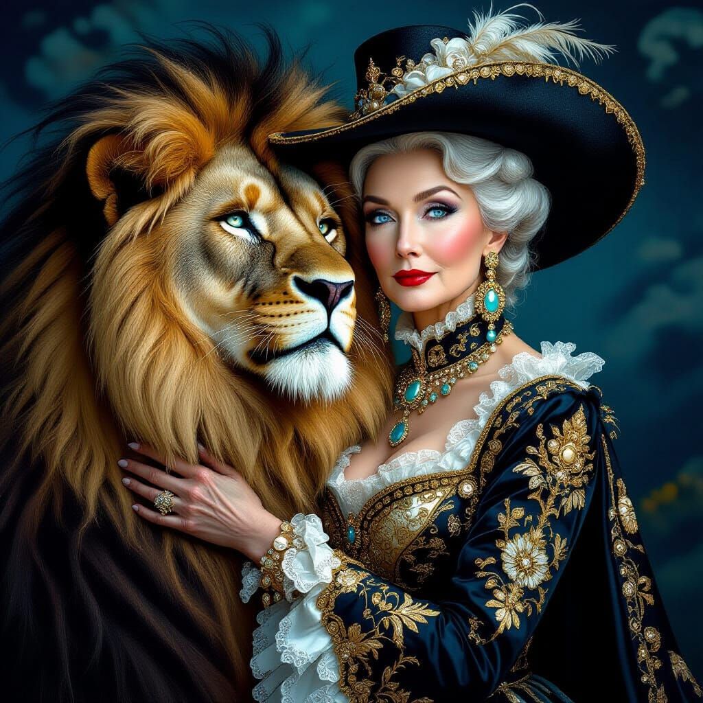 Steampunk Lady Embracing Lion in the Night