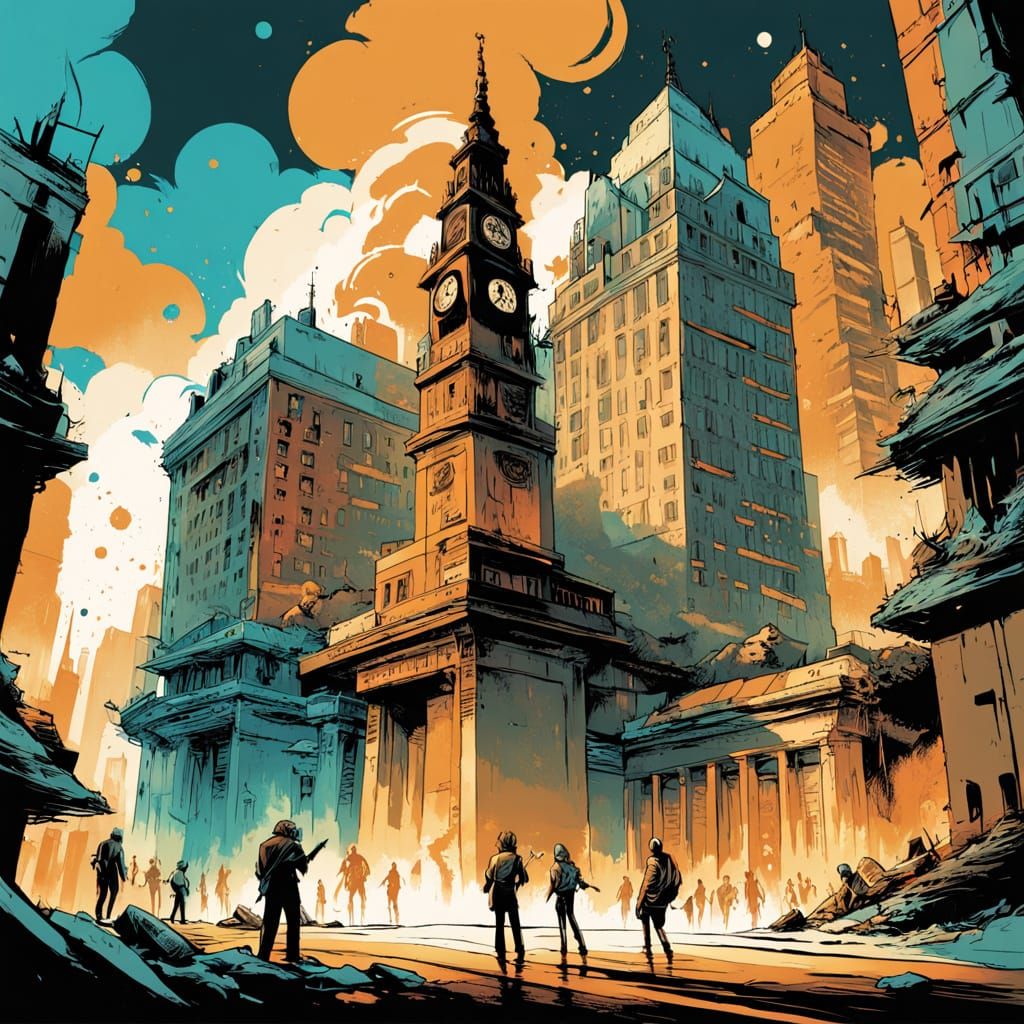 Vibrant Downtown Scene in Socialist Brutalist Style