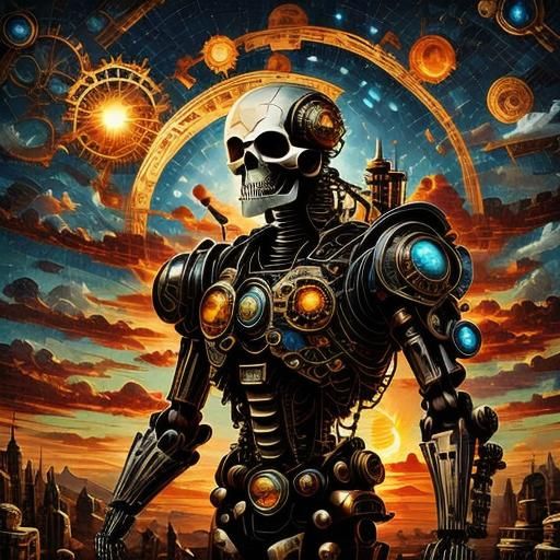 Steampunk Skeleton Against Tiled Sky