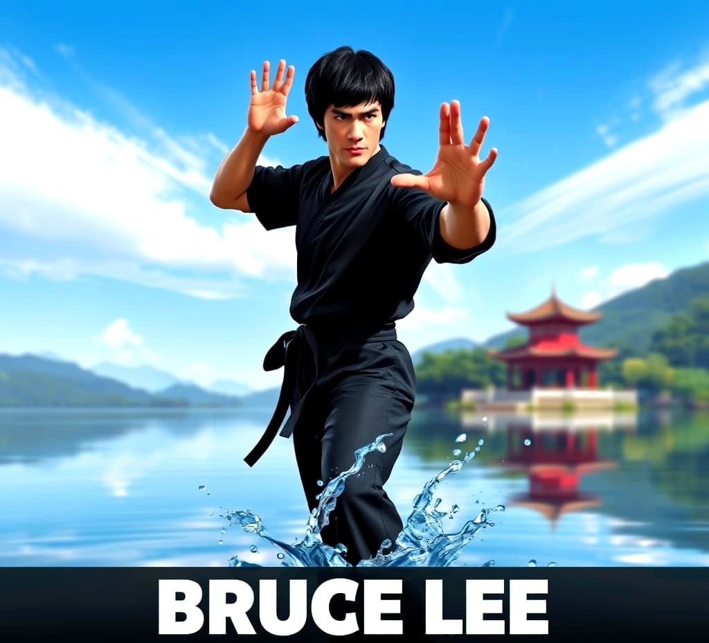 Bruce Lee in Serene Martial Arts Pose, Pixeled in a Peaceful...