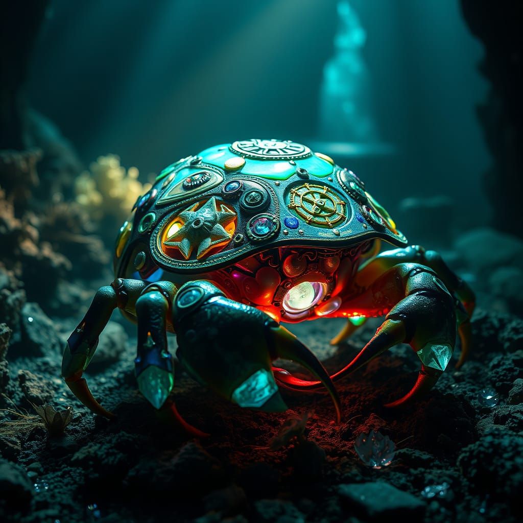 Bioluminescent Crab in Sunken Steampunk City
