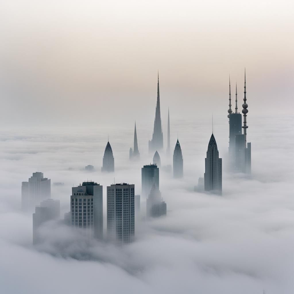 Skyscrapers Emerge from Fog in Desolate Landscape
