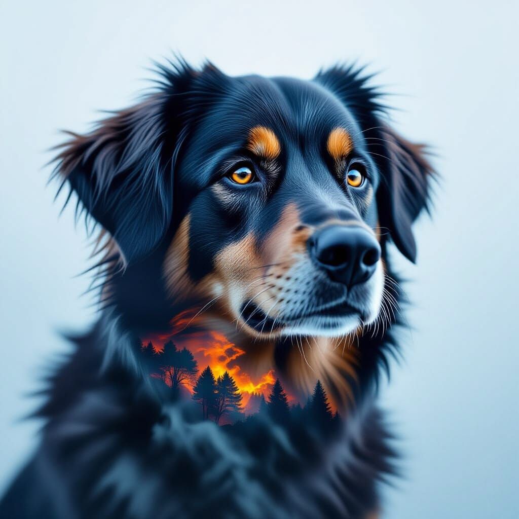 Hype-Realistic Dog Double Exposure with Bioluminescent Coral...