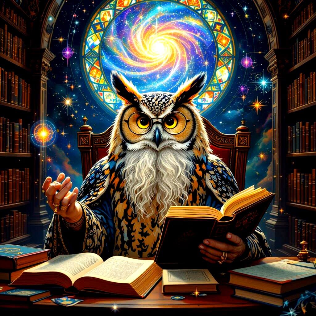 Wise Owl Sage in Cosmic Library, Psychedelic Art