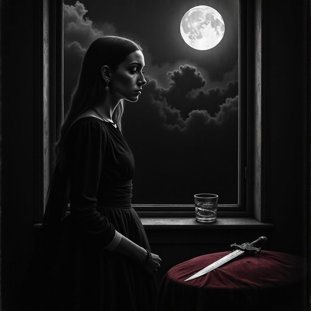 Lady Macbeth Gazing at Stormy Night in Caravaggio Style