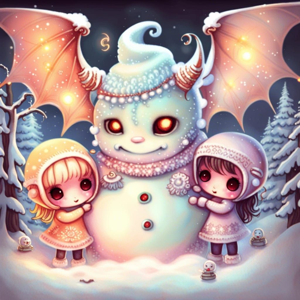 Angels and Demon Build Snowman in Dreamcore Winter