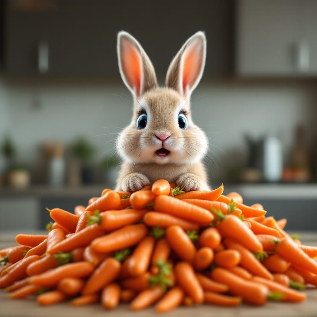 Adorable Bunny Surprised by Carrot Pile in Modern Kitchen