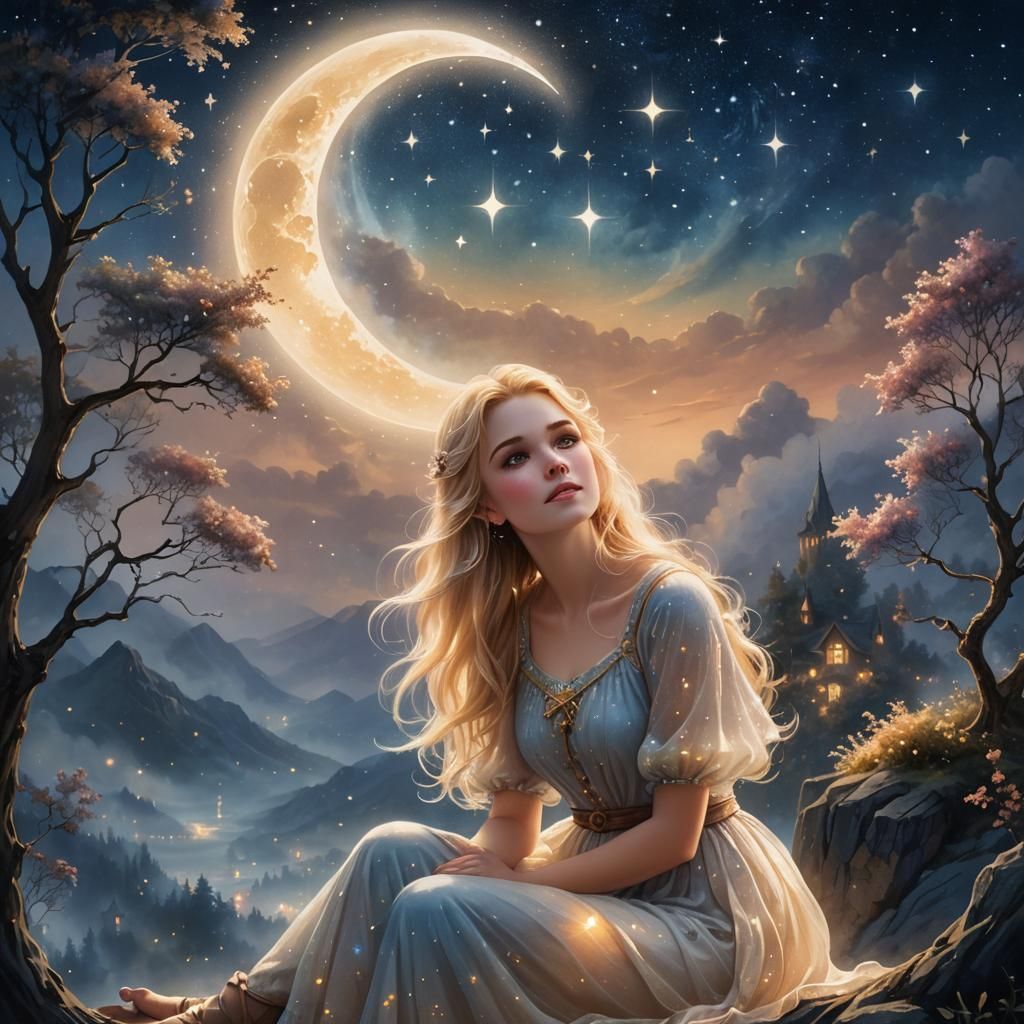 Girl on Moonlit Crescent in Watercolor Style