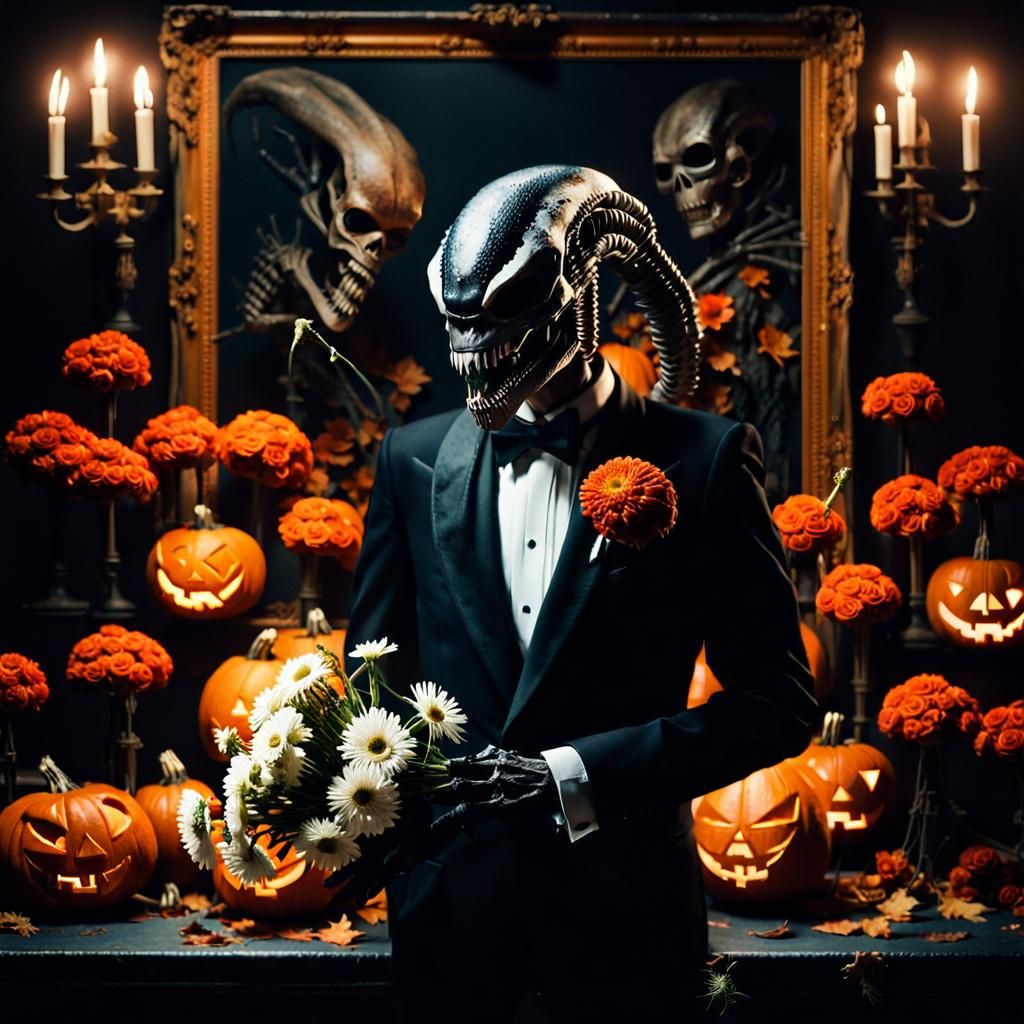 Xenomorph in Tuxedo with Dead Flowers