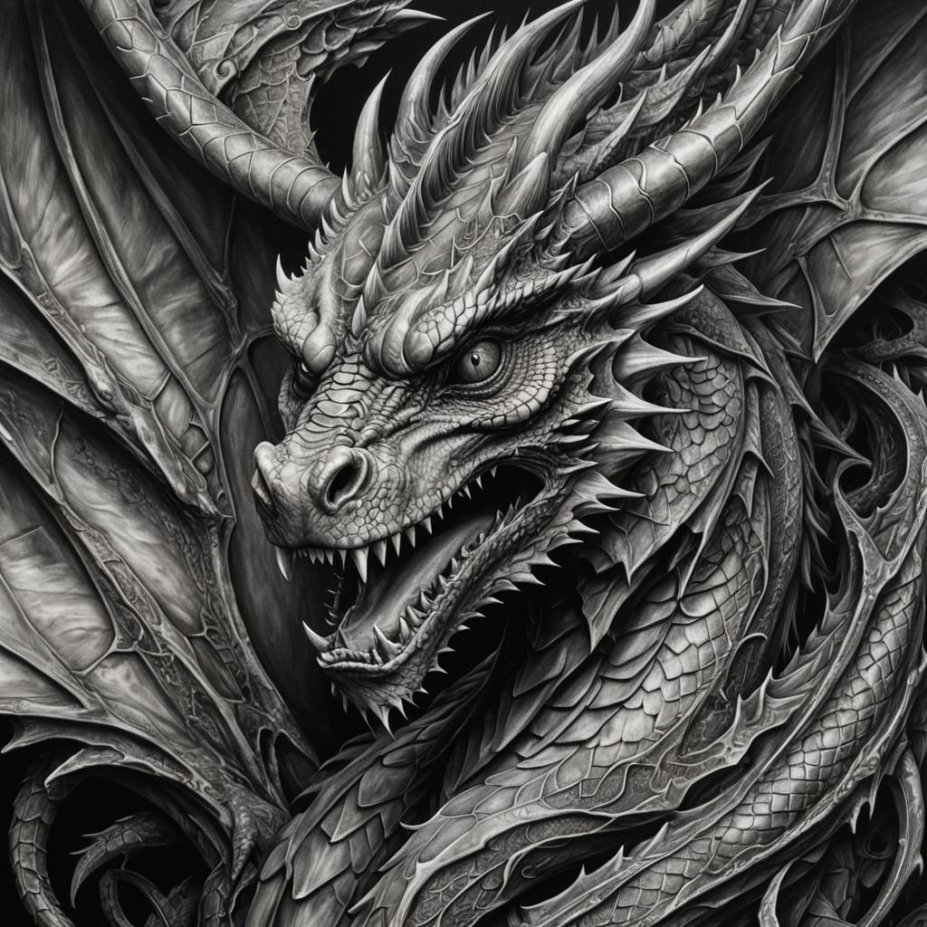 Hyperdetailed Charcoal Dragon Drawing