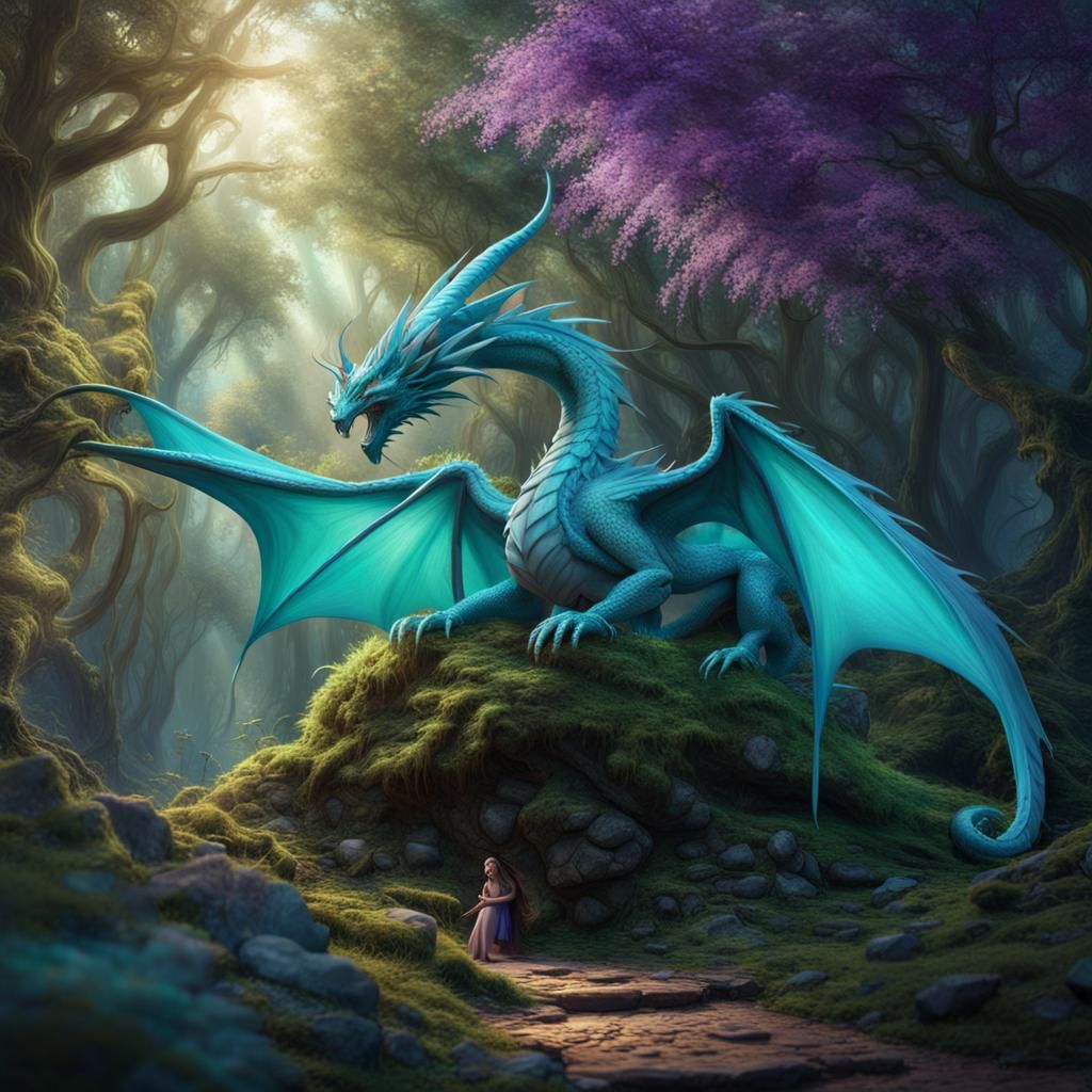 Dragon and Fairy in Magical Woods