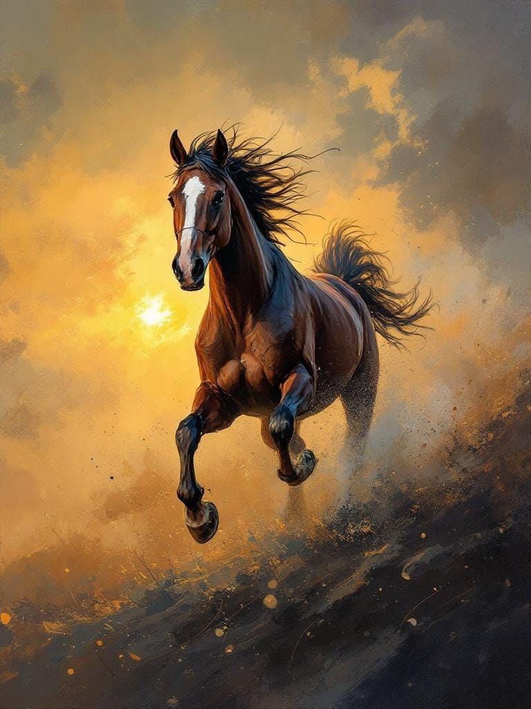 Horse Running Free: Textured Oil Painting in Golden Hour