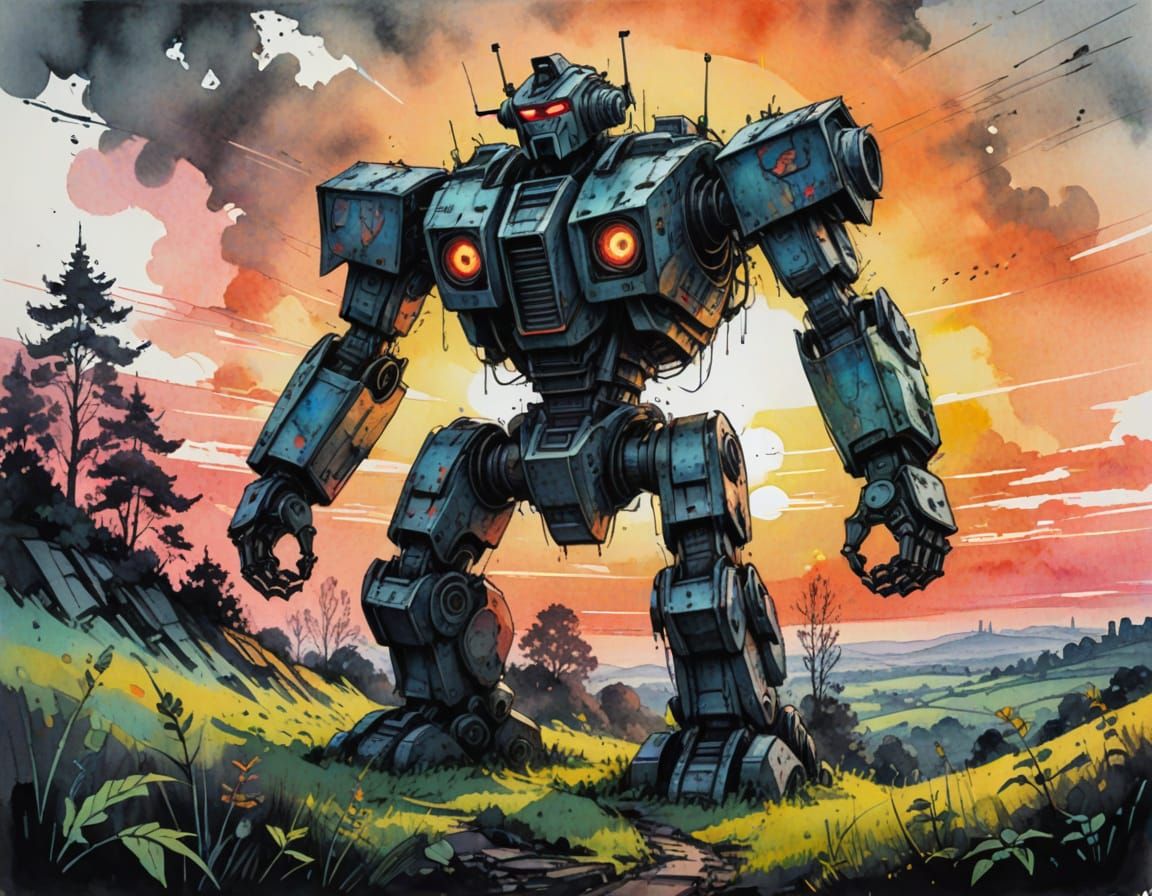 Weathered Robot on Hill at Sunrise in Watercolour