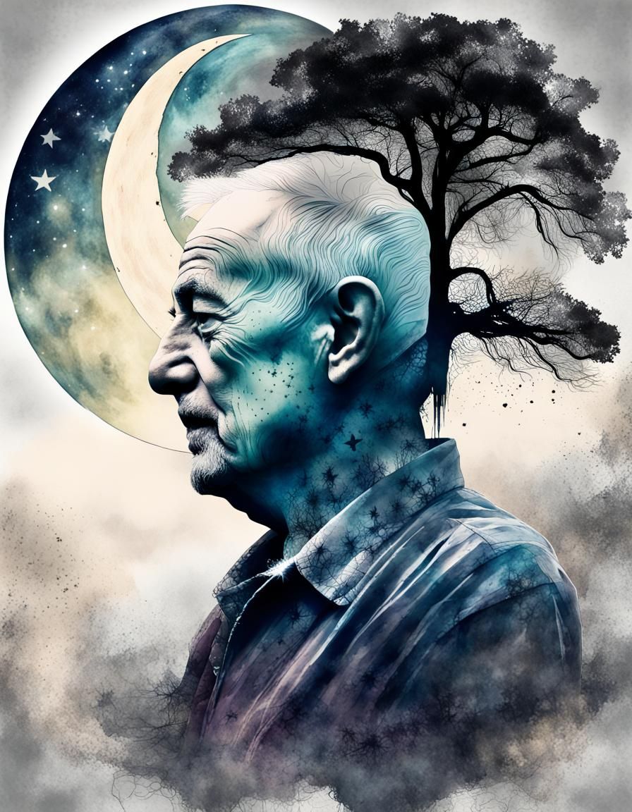 Double Exposure Portrait: Grandfather, Tree, Moonlit Waterco...