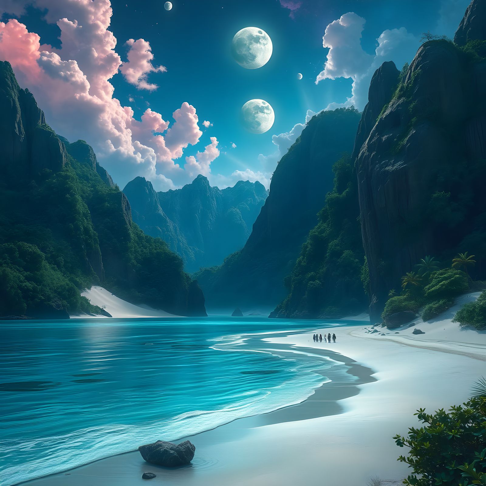 Futuristic Forest Meets Desert Beach Under Moonlight