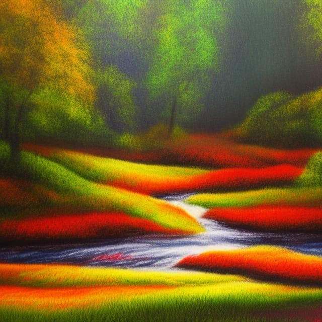 Crayon Painting of Forest with River and Flowers