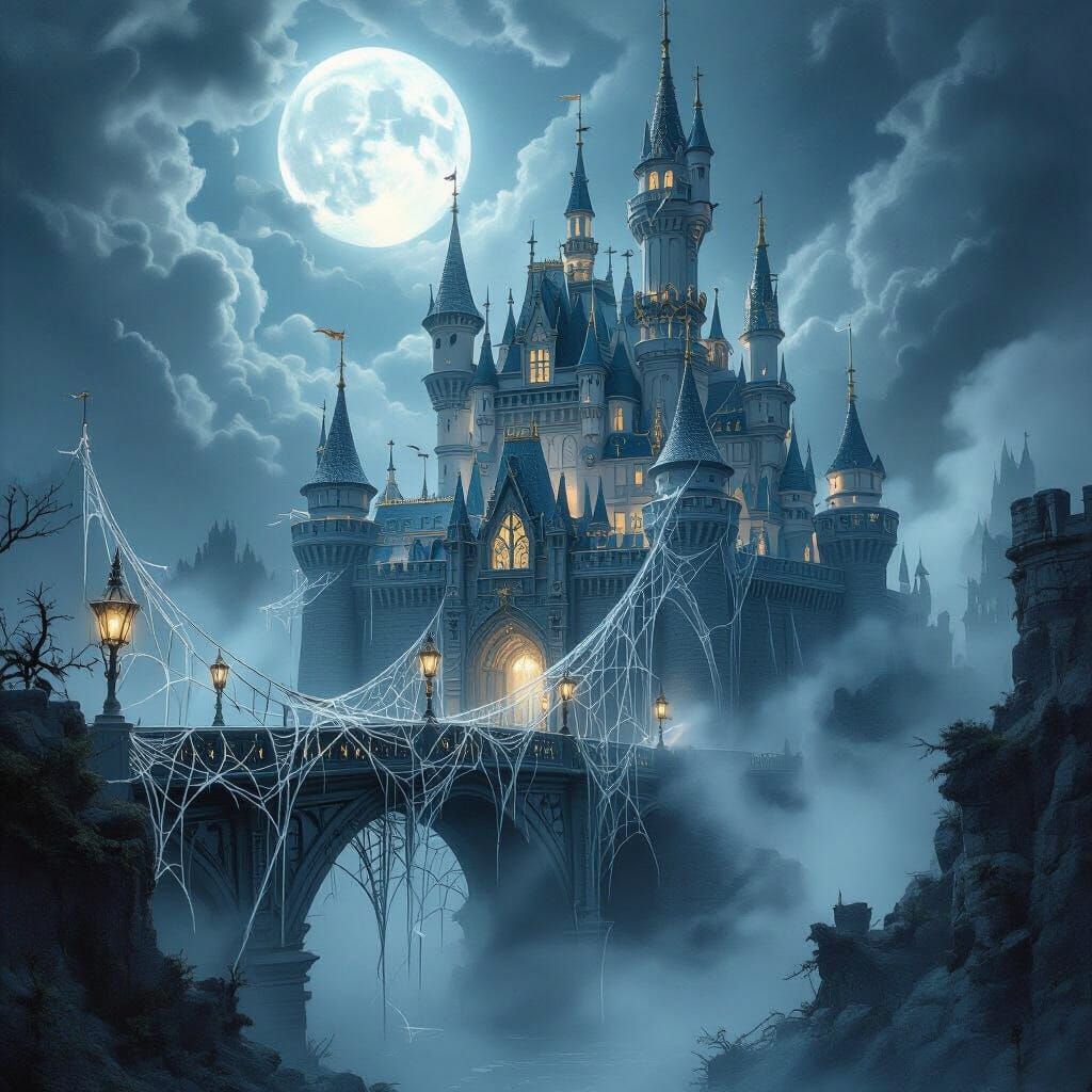 Silver Web Castle and Bridge in Ethereal Moonlight