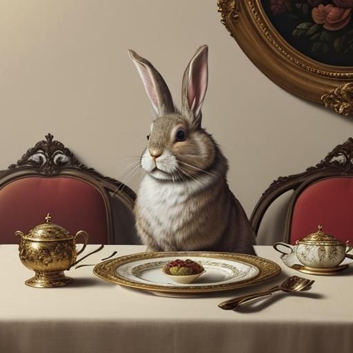 Baroque Rabbit Contemplates Tea, Oil Painting Style