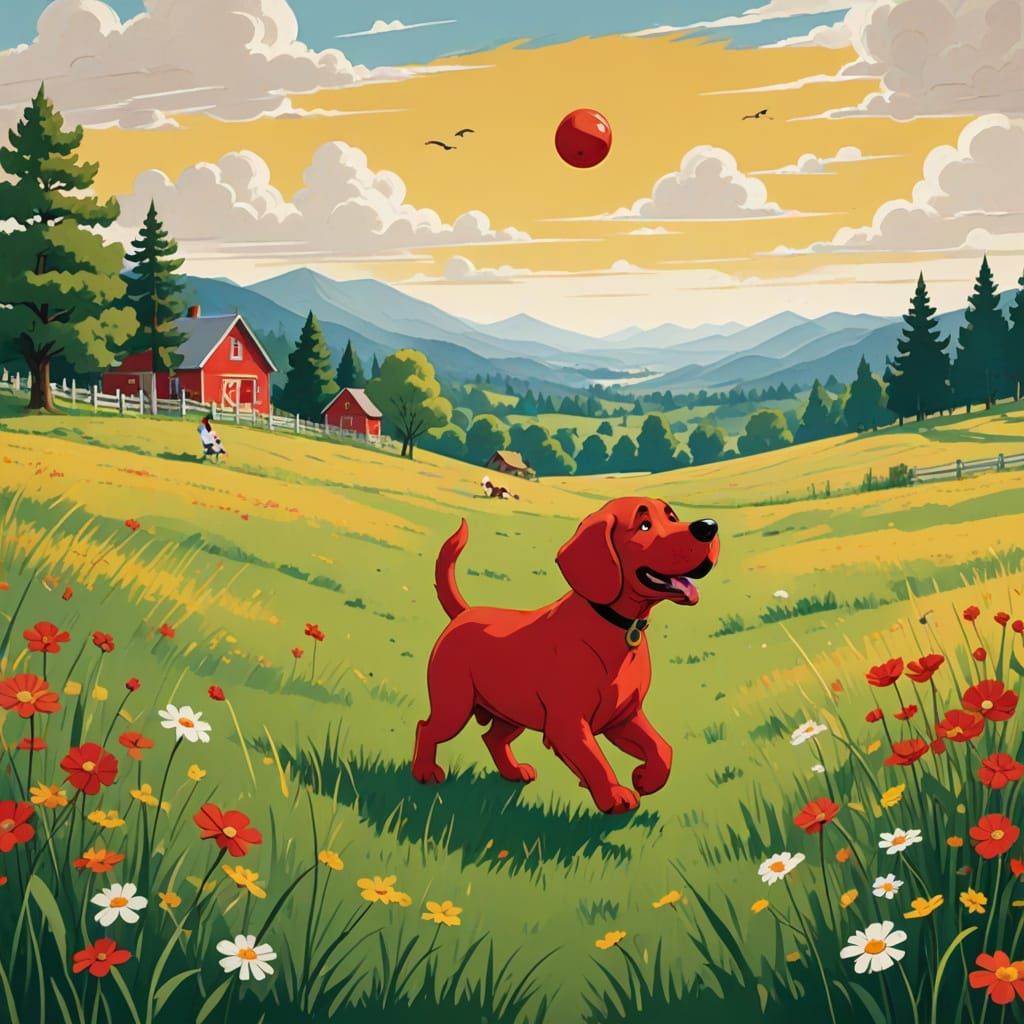 Whimsical Clifford the Big Red Dog Plays in Sunny Meadow