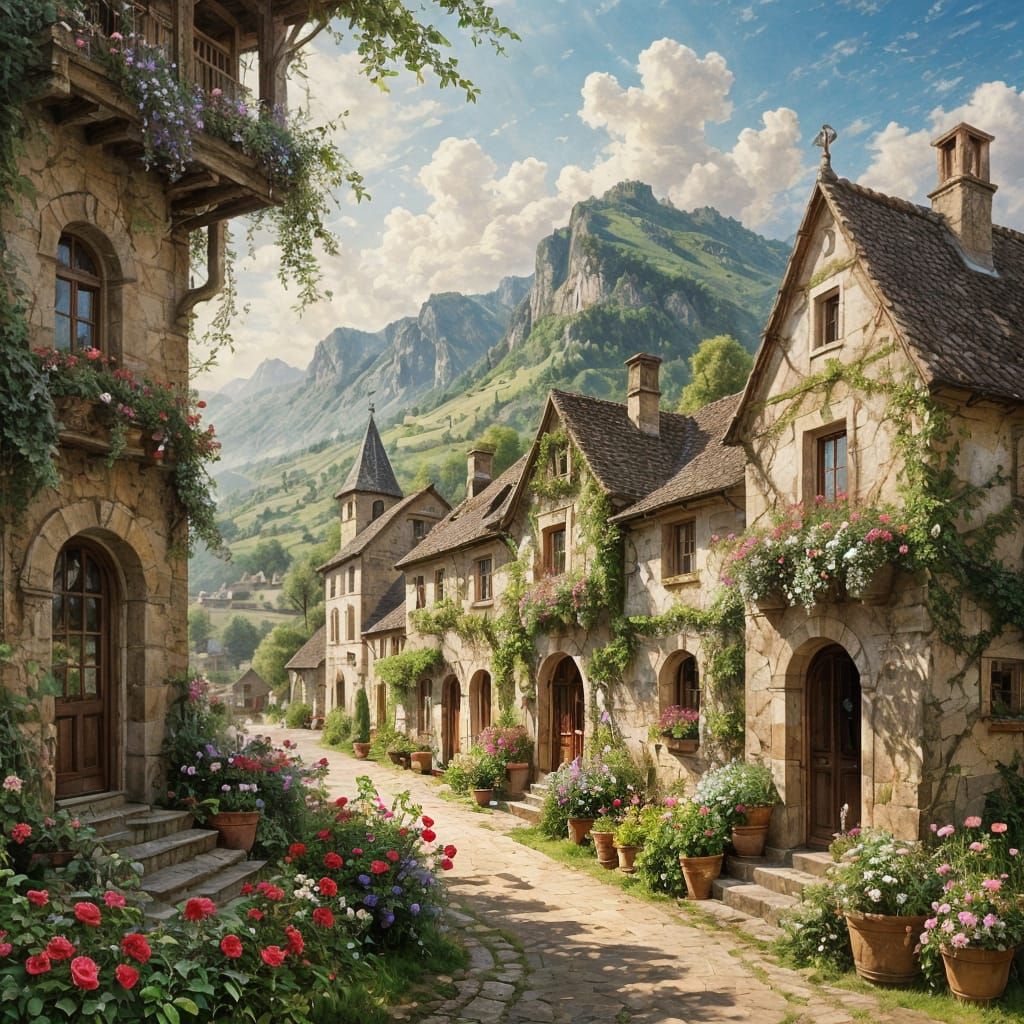 Idyllic Rheinland Village in Summer, Oil Painting