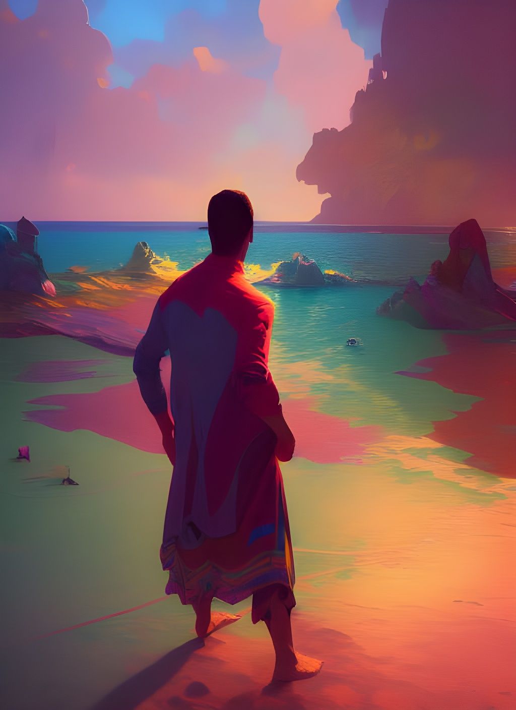 Colorful Beach Scene in Art Nouveau Style