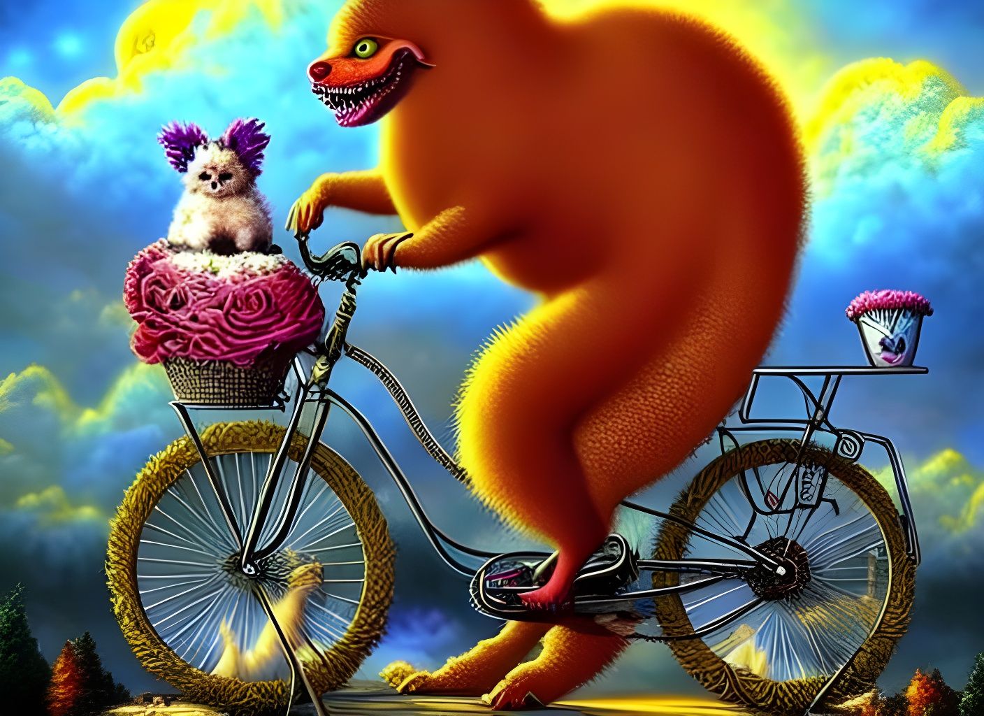 Fluffy Monster Rides Bike in Whimsical Fantasy Landscape
