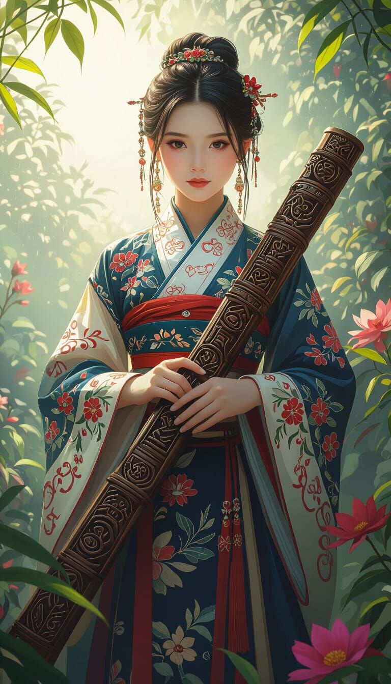 Chinese Girl with Buduk in Mystical Setting