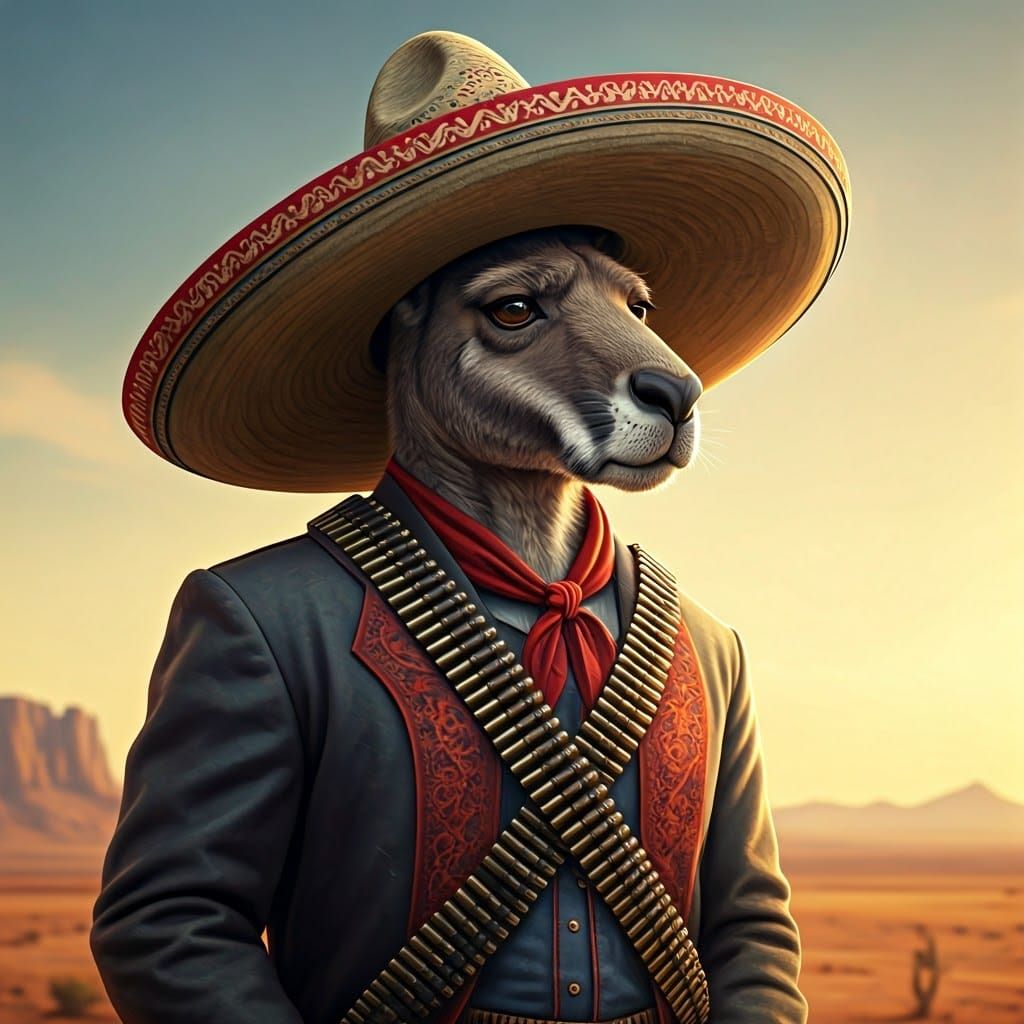Kangaroo as Pancho Villa in Desert, Digital Art