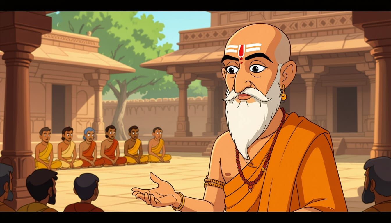 Wise Acharya Chanakya in Cartoon Storybook Style