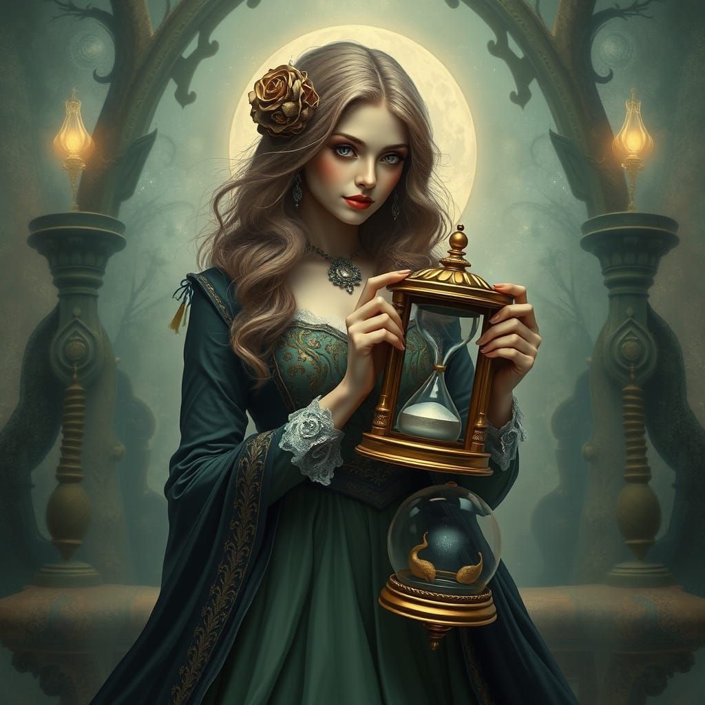 Woman with Hourglass in Dreamy Digital Art Style